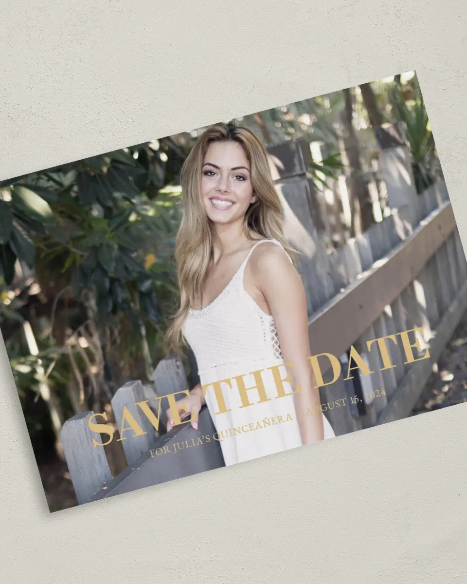 This is a 5" x 7" Quinceanera Save the Date called Crowning Moment printed in full color on Premium Smooth paper