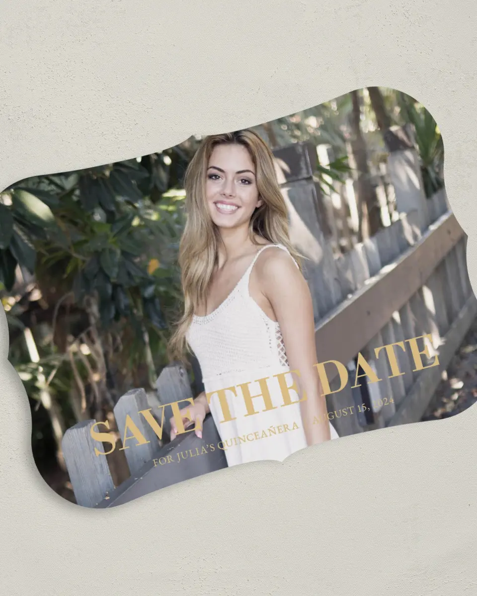 This is a 5" x 7" Quinceanera Save the Date called Crowning Moment printed in full color on Premium Smooth paper