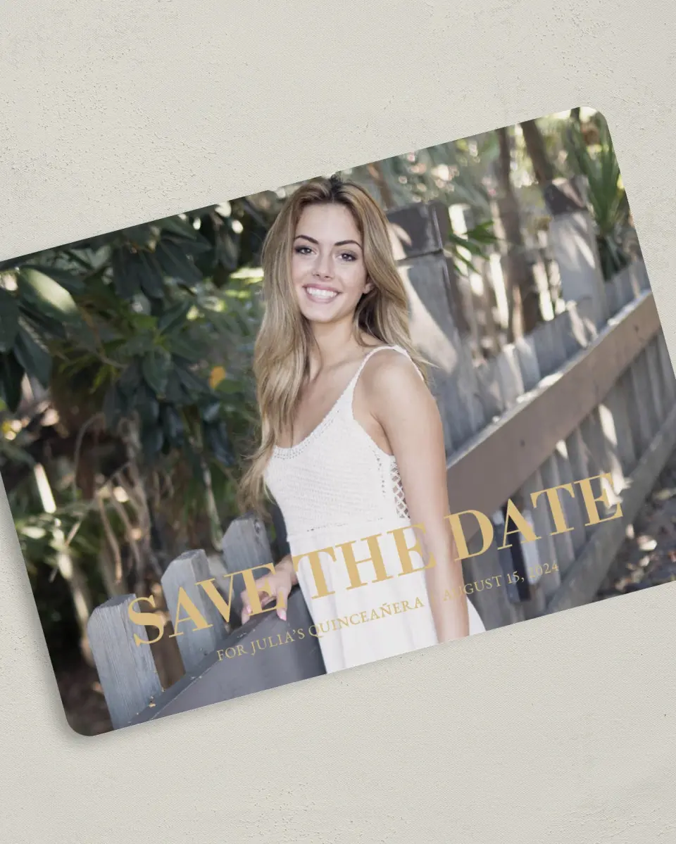 This is a 5" x 7" Quinceanera Save the Date called Crowning Moment printed in full color on Premium Smooth paper