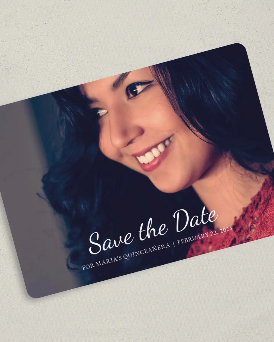 This is a 5" x 7" Quinceanera Save the Date called Milestone Moments printed in full color on Premium Smooth paper
