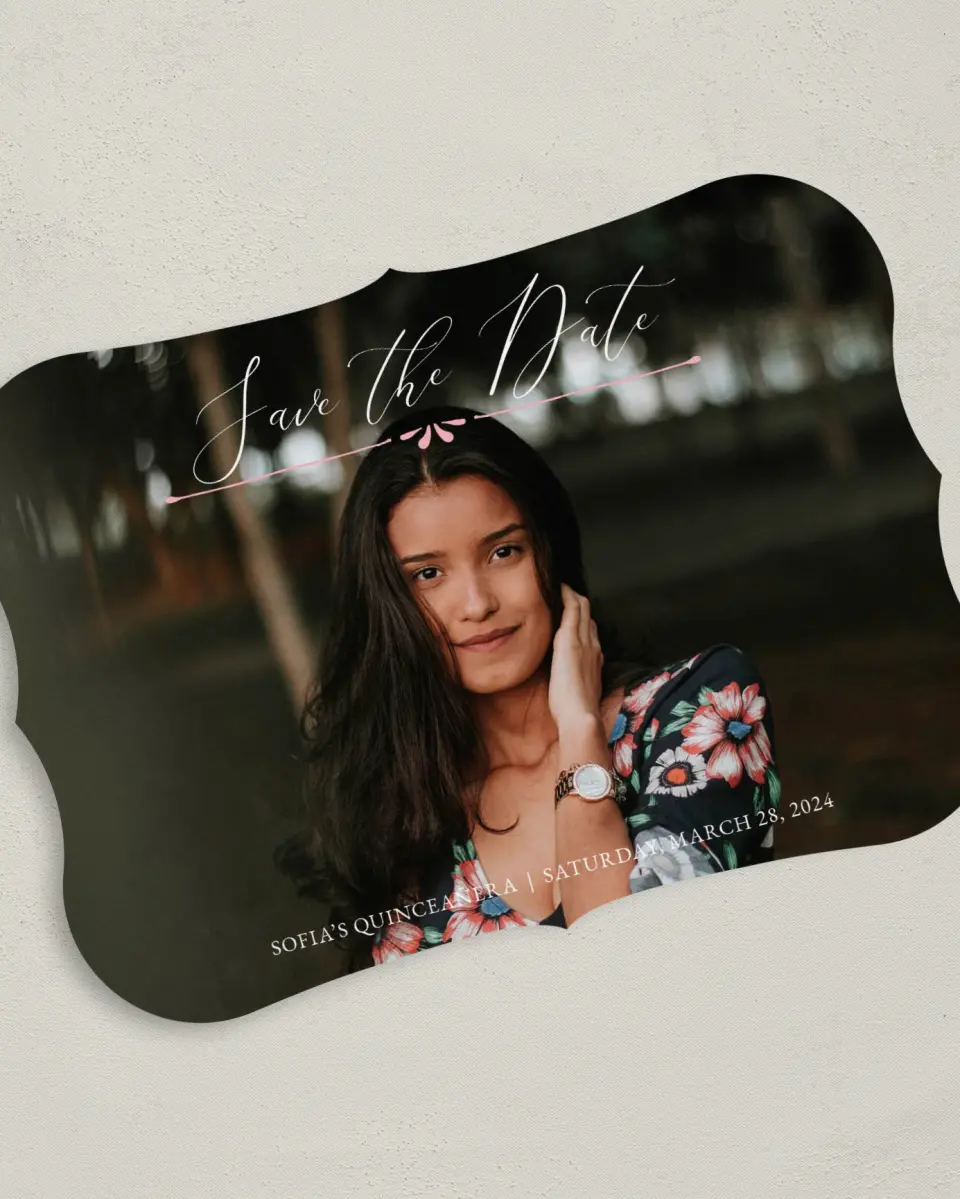 This is a 5" x 7" Quinceanera Save the Date called Quince Beauty printed in full color on Premium Smooth paper