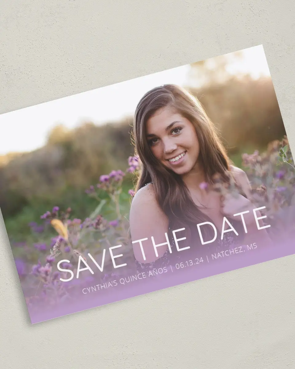 This is a 5" x 7" Quinceanera Save the Date called Chevron Glitz printed in full color on Premium Smooth paper