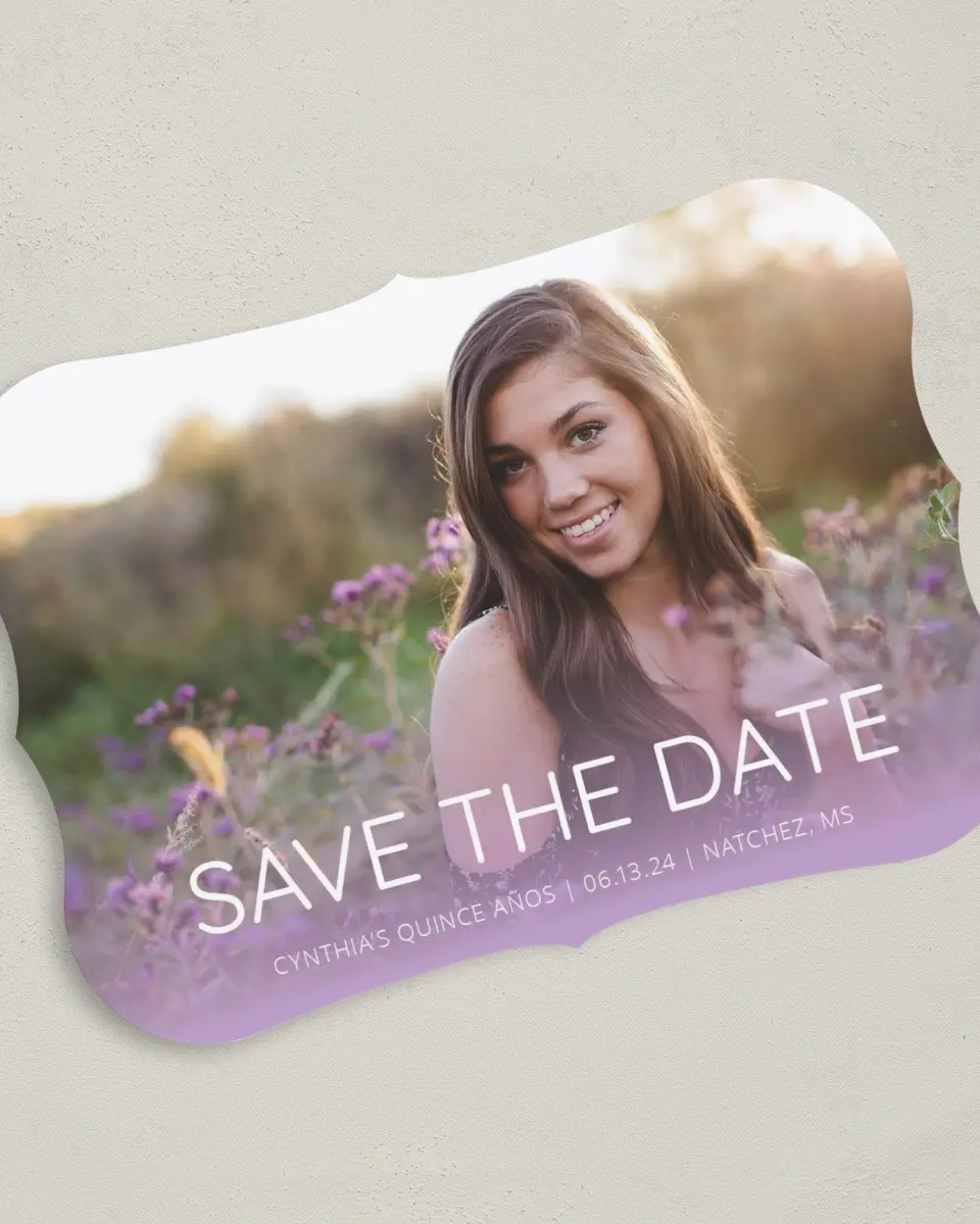 This is a 5" x 7" Quinceanera Save the Date called Chevron Glitz printed in full color on Premium Smooth paper