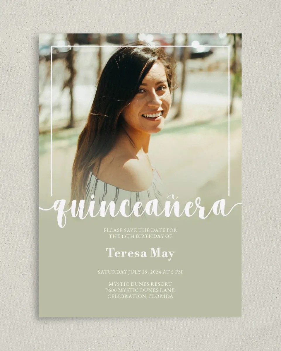This is a 5" x 7" Quinceanera Save the Date called Sweetly Framed printed in full color on Premium Smooth paper