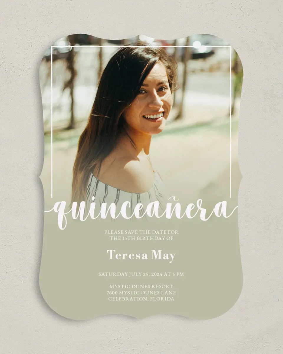 This is a 5" x 7" Quinceanera Save the Date called Sweetly Framed printed in full color on Premium Smooth paper