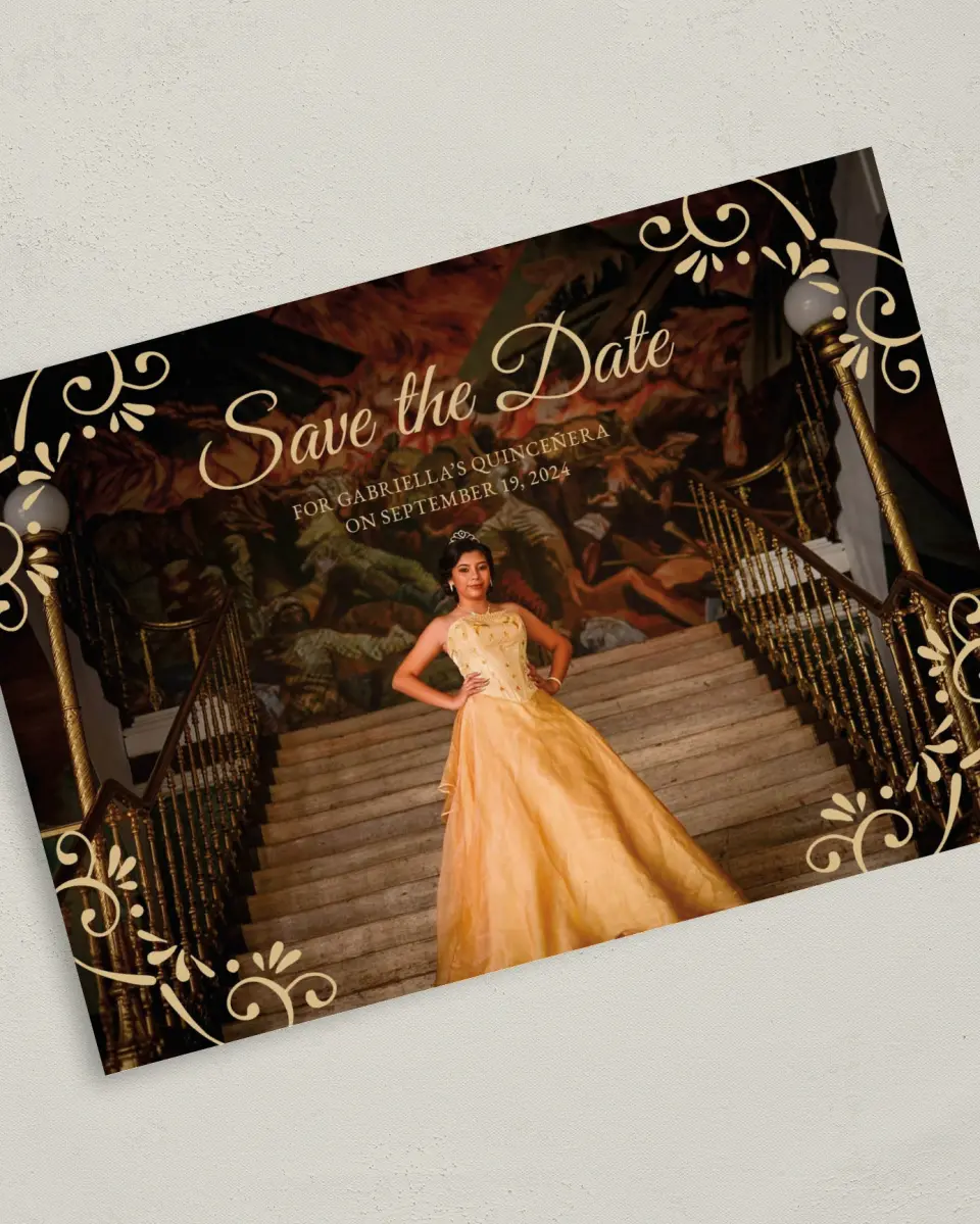 This is a 5" x 7" Quinceanera Save the Date called Sparkling Dream printed in full color on Premium Smooth paper