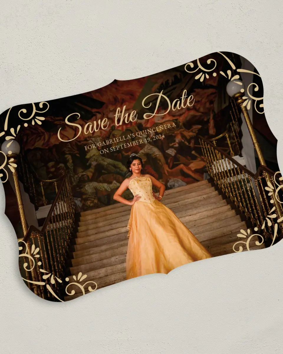 This is a 5" x 7" Quinceanera Save the Date called Sparklilng Dream printed in full color on Premium Smooth paper