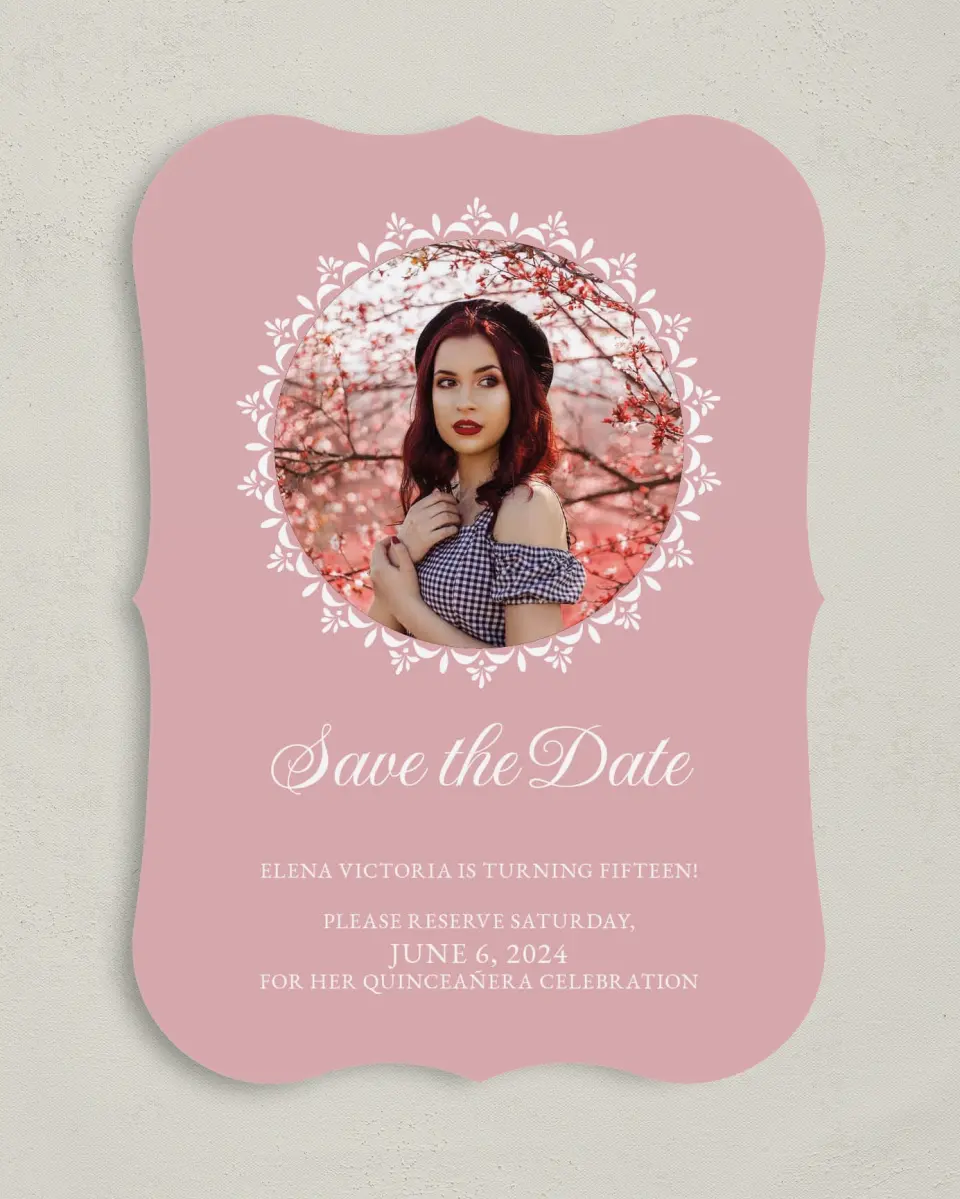 This is a 5" x 7" Quinceanera Save the Date called Center of Attention printed in full color on Premium Smooth paper