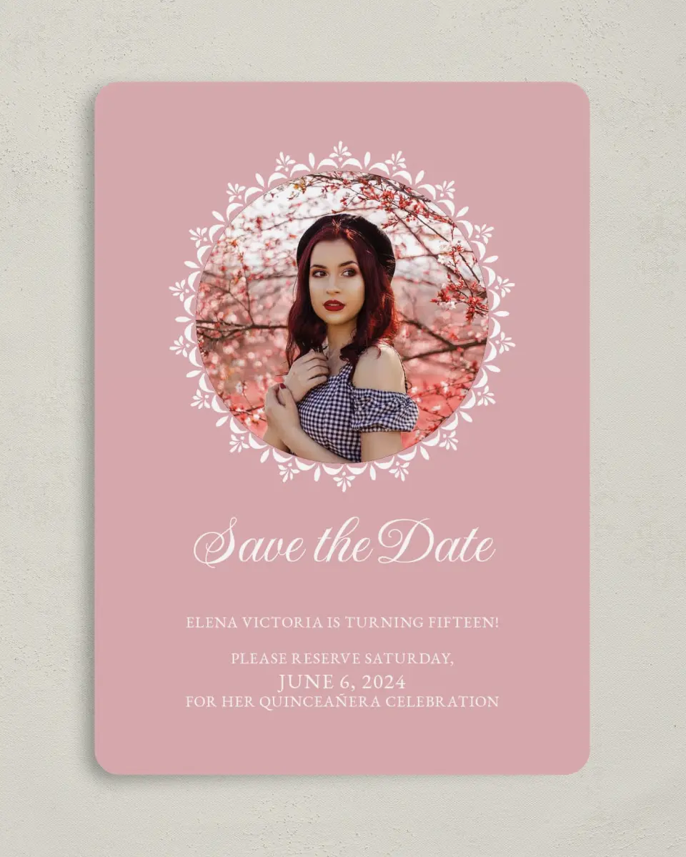 This is a 5" x 7" Quinceanera Save the Date called Center of Attention printed in full color on Premium Smooth paper