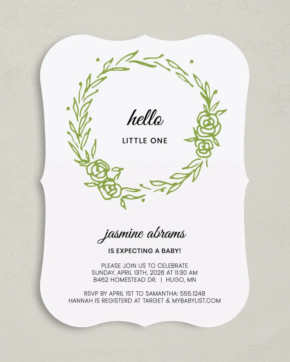 This is a 5" x 7" Baby Shower Invitation called Nested Sprig printed in full color on Premium Smooth paper