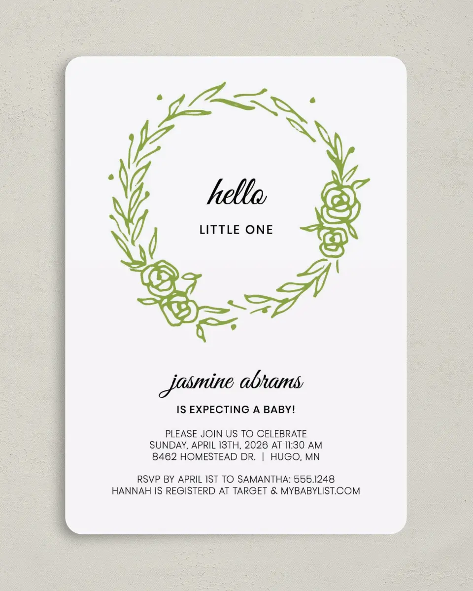 This is a 5" x 7" Baby Shower Invitation called Nested Sprig printed in full color on Premium Smooth paper
