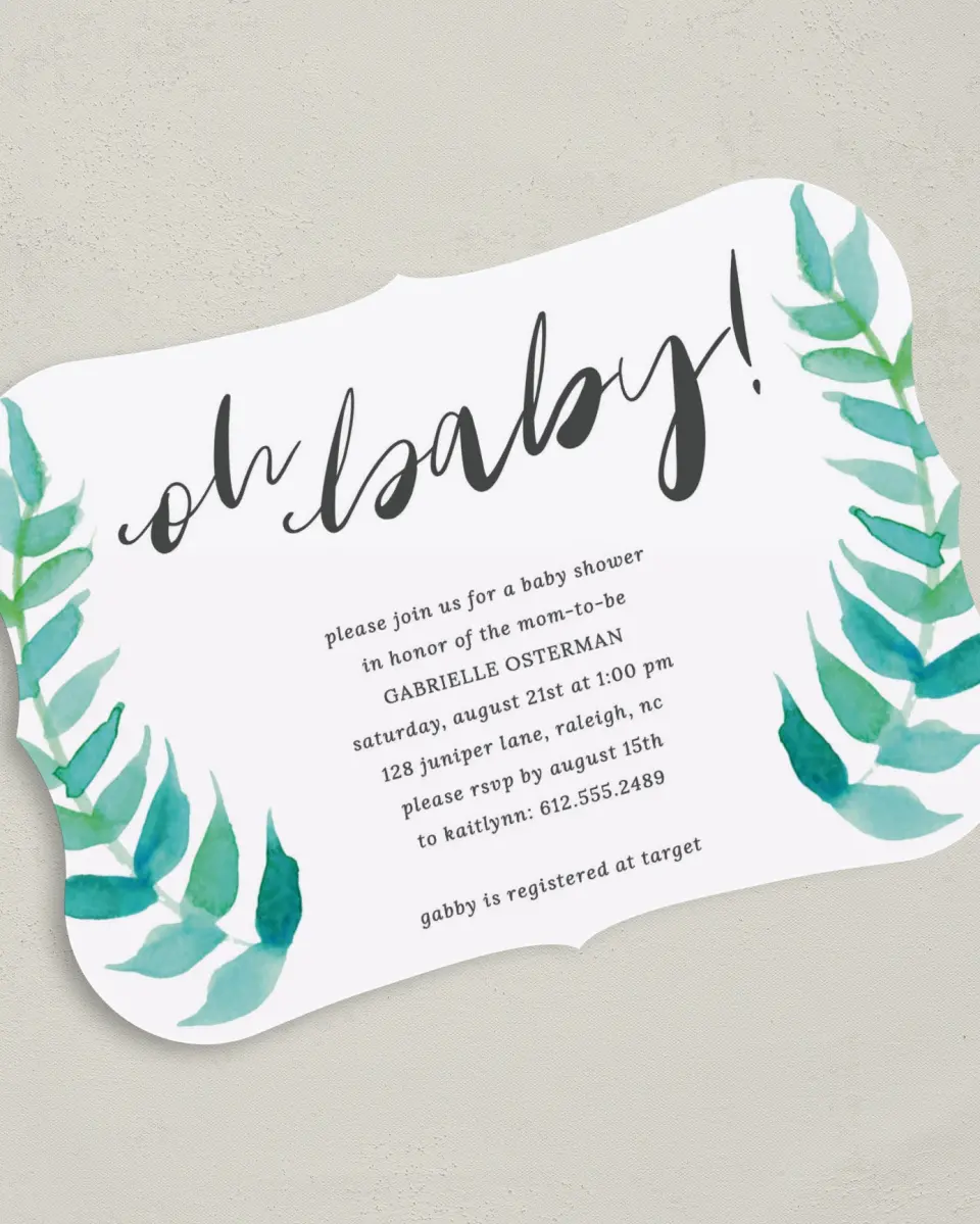 This is a 5" x 7" Baby Shower Invitation called Baby Laurels printed in full color on Premium Smooth paper