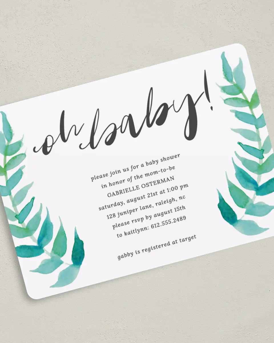 This is a 5" x 7" Baby Shower Invitation called Baby Laurels printed in full color on Premium Smooth paper