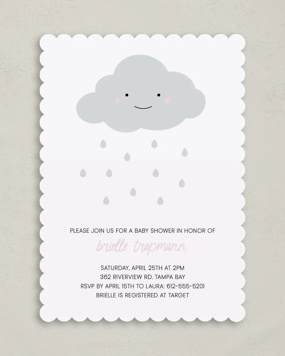 This is a 5" x 7" Baby Shower Invitation called Chance of Cute printed in full color on Premium Smooth paper