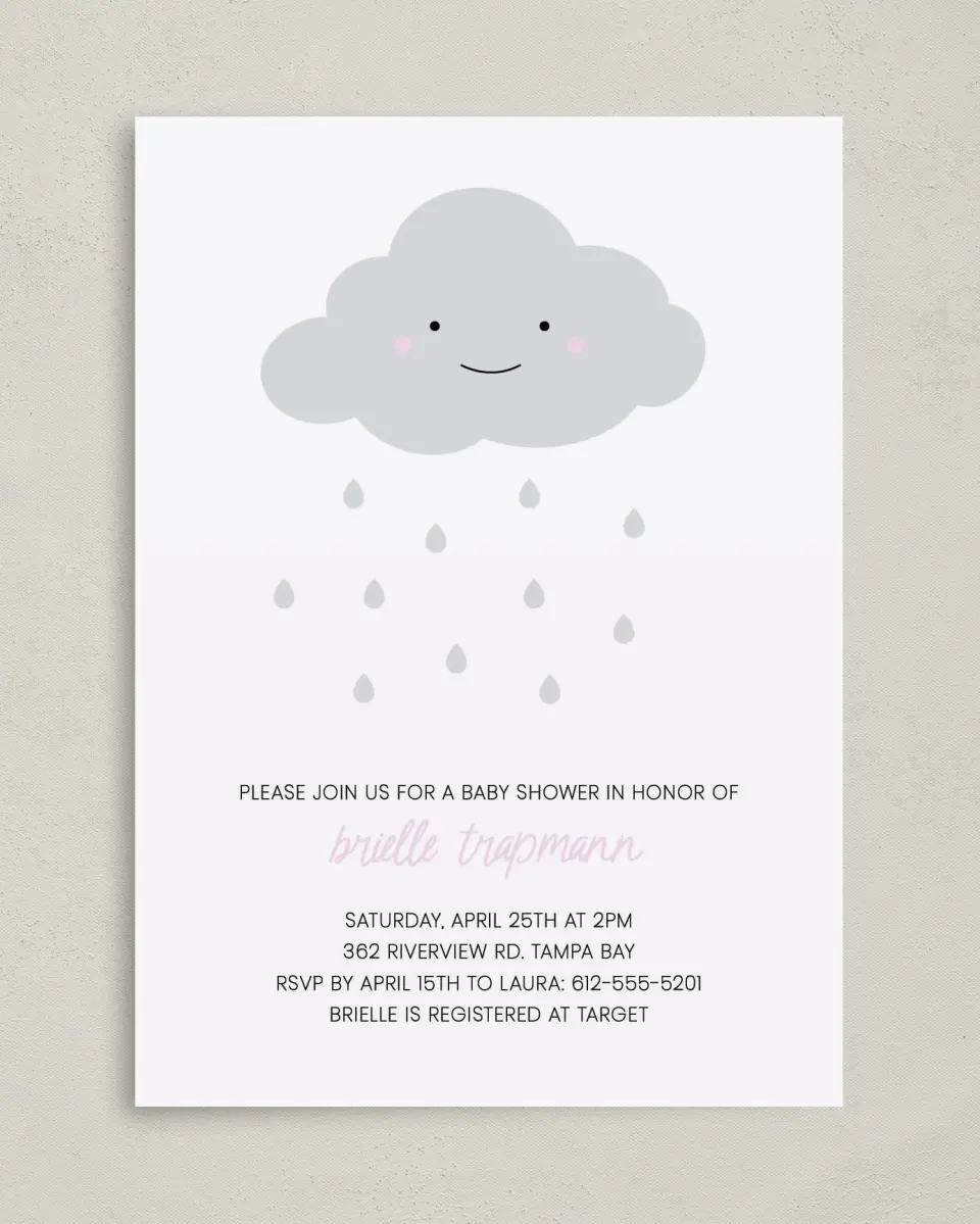 This is a 5" x 7" Baby Shower Invitation called Chance of Cute printed in full color on Premium Smooth paper