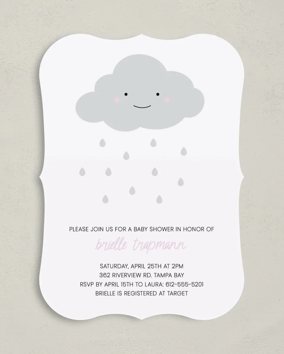 This is a 5" x 7" Baby Shower Invitation called Chance of Cute printed in full color on Premium Smooth paper