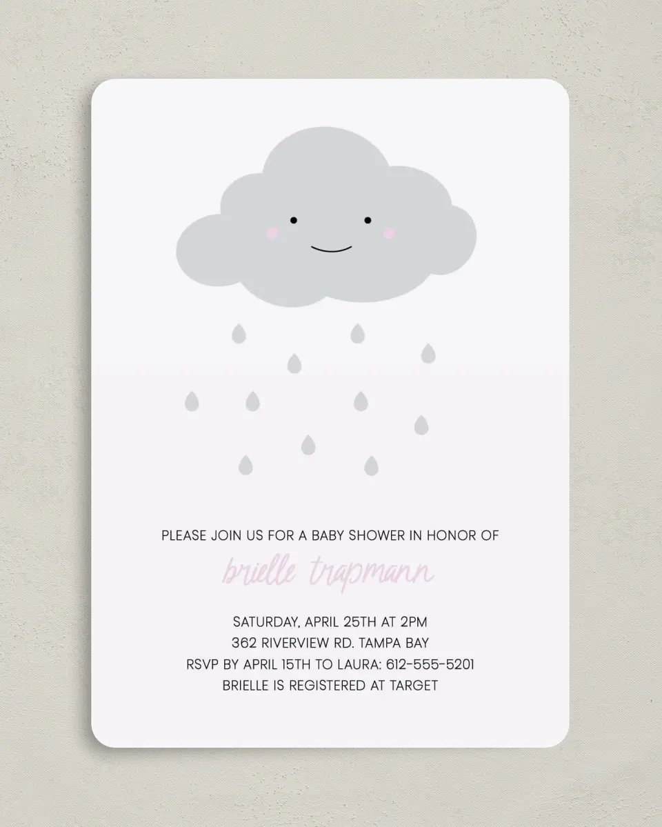This is a 5" x 7" Baby Shower Invitation called Chance of Cute printed in full color on Premium Smooth paper