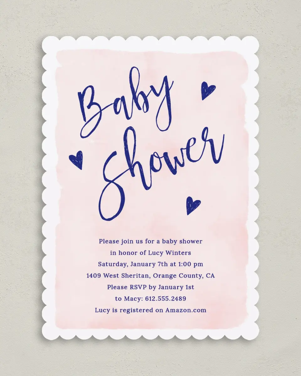 This is a 5" x 7" Baby Shower Invitation called Doodle Hearts printed in full color on Premium Smooth paper