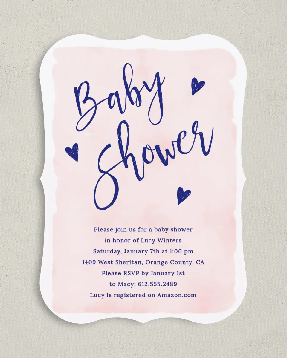 This is a 5" x 7" Baby Shower Invitation called Doodle Hearts printed in full color on Premium Smooth paper