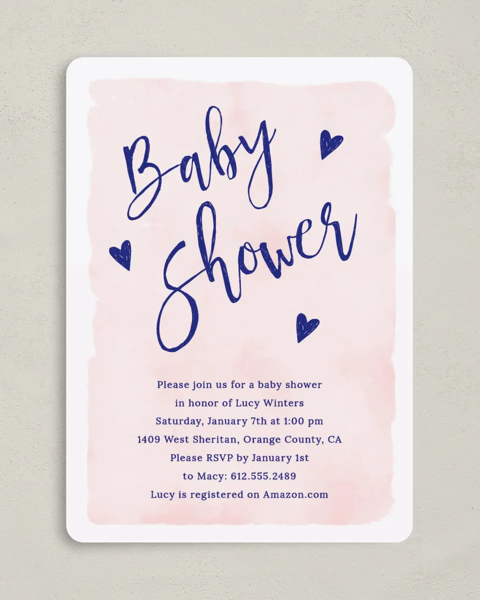 This is a 5" x 7" Baby Shower Invitation called Doodle Hearts printed in full color on Premium Smooth paper