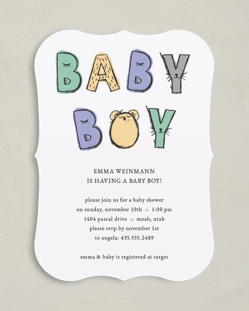 This is a 5" x 7" Baby Shower Invitation called Buddy Baby Boy printed in full color on Premium Smooth paper