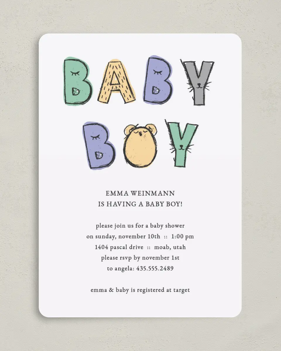 This is a 5" x 7" Baby Shower Invitation called Buddy Baby Boy printed in full color on Premium Smooth paper