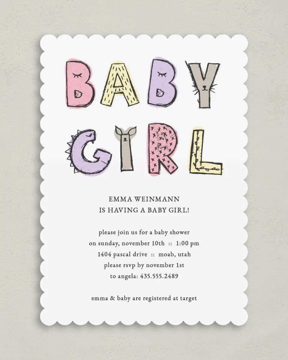 This is a 5" x 7" Baby Shower Invitation called Baby Girl Soiree printed in full color on Premium Smooth paper