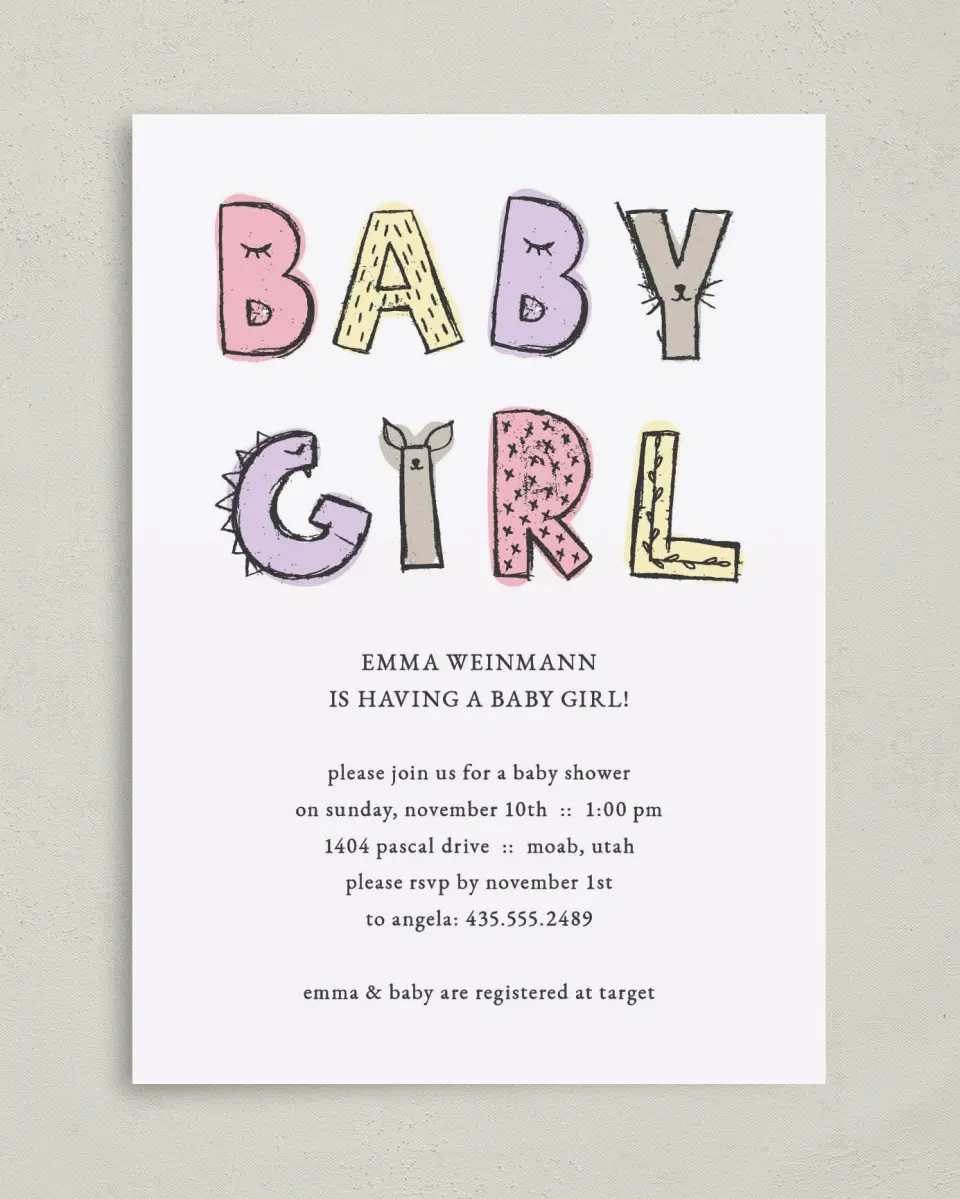 This is a 5" x 7" Baby Shower Invitation called Baby Girl Soiree printed in full color on Premium Smooth paper
