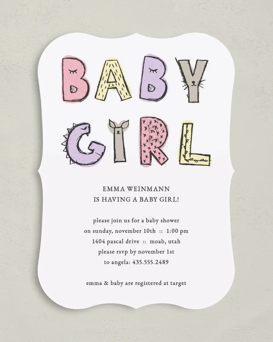 This is a 5" x 7" Baby Shower Invitation called Baby Girl Soiree printed in full color on Premium Smooth paper
