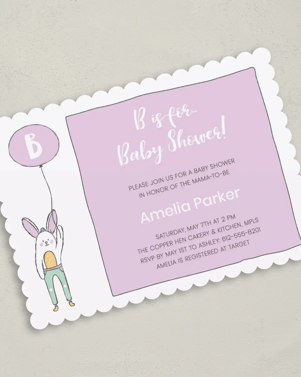 This is a 5" x 7" Baby Shower Invitation called Bunny Balloon printed in full color on Premium Smooth paper