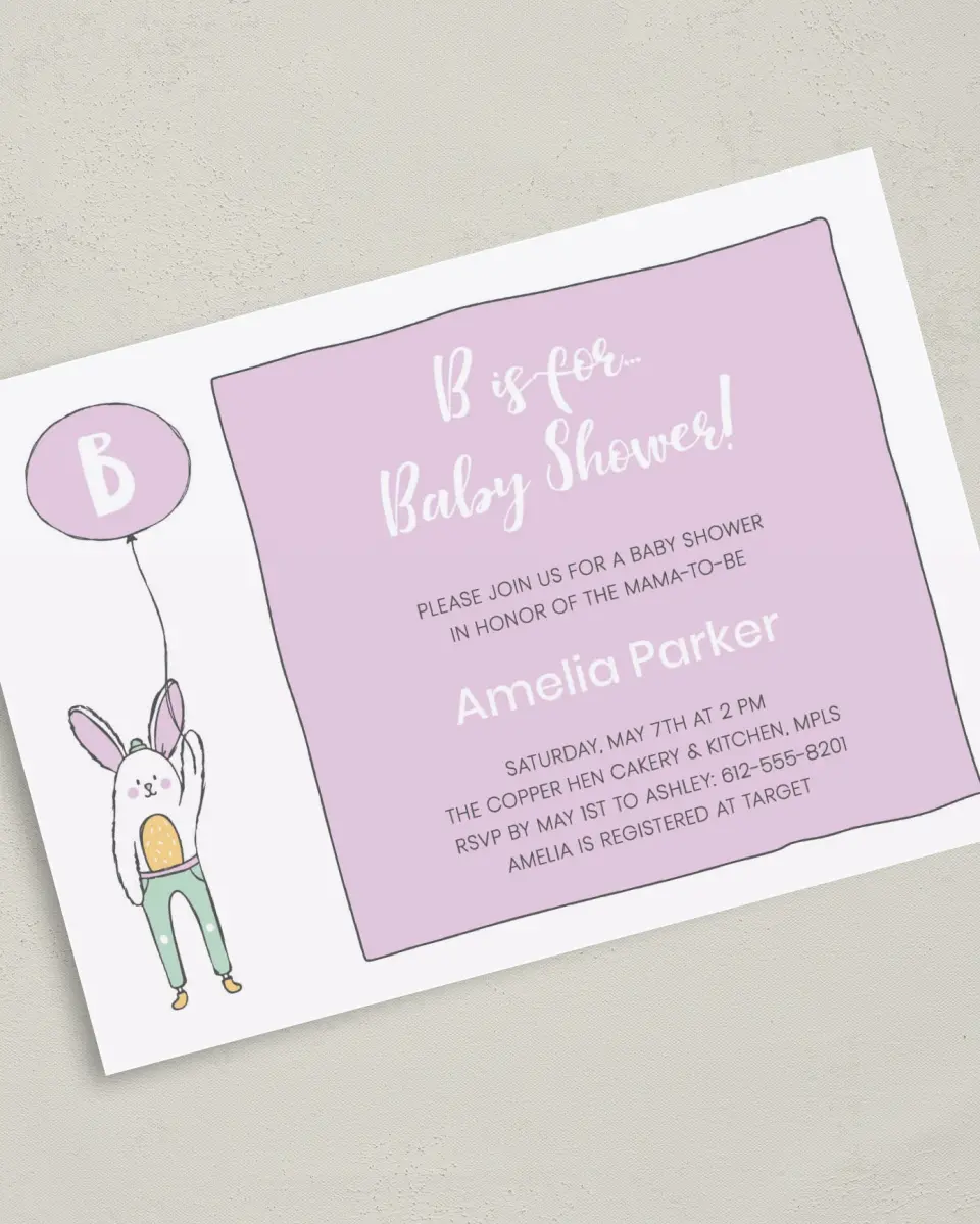 This is a 5" x 7" Baby Shower Invitation called Bunny Balloon printed in full color on Premium Smooth paper