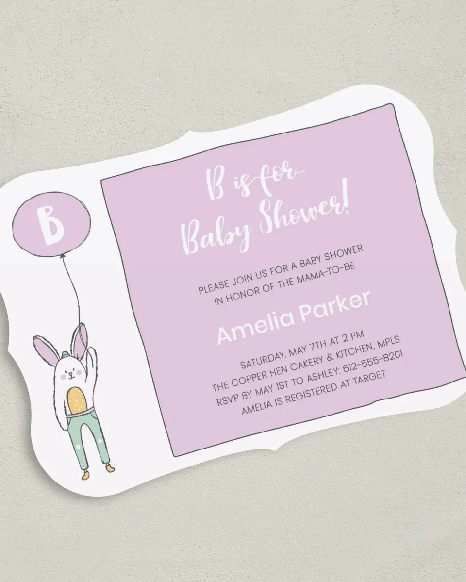 This is a 5" x 7" Baby Shower Invitation called Bunny Balloon printed in full color on Premium Smooth paper