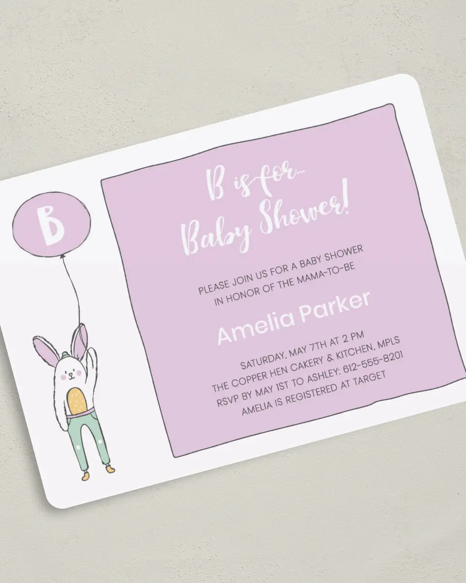 This is a 5" x 7" Baby Shower Invitation called Bunny Balloon printed in full color on Premium Smooth paper