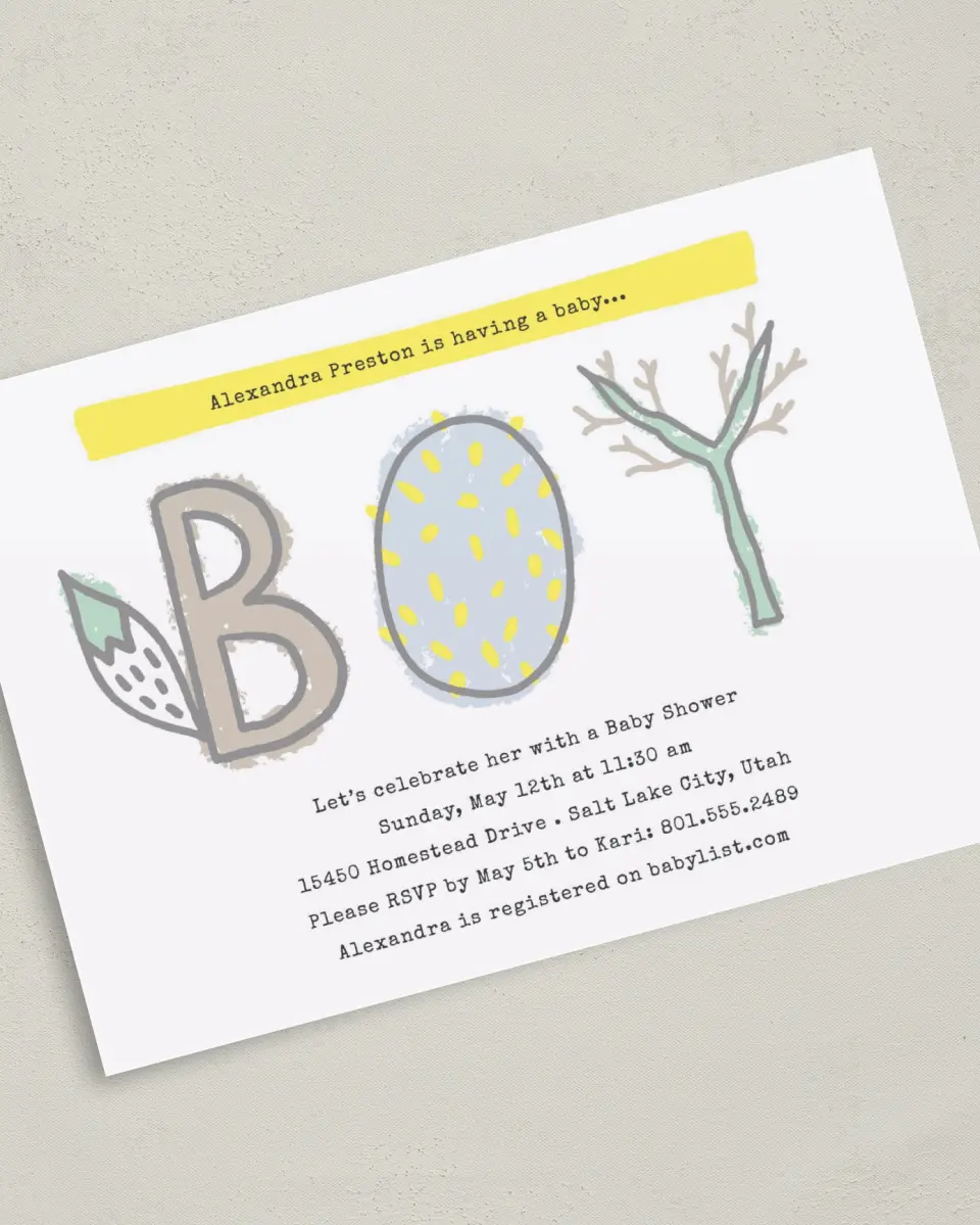 This is a 5" x 7" Baby Shower Invitation called Whimsical Woods printed in full color on Premium Smooth paper