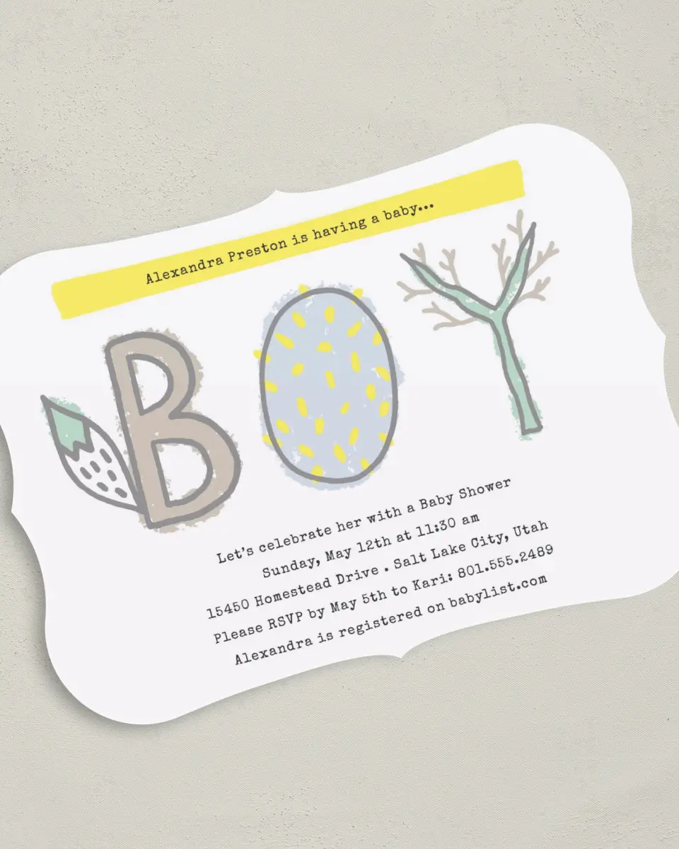 This is a 5" x 7" Baby Shower Invitation called Whimsical Woods printed in full color on Premium Smooth paper