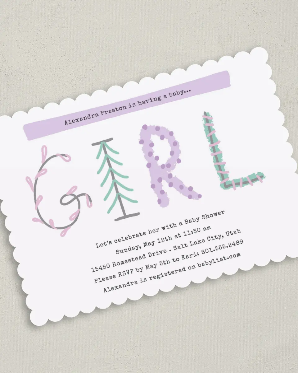 This is a 5" x 7" Baby Shower Invitation called Woodland Whimsy printed in full color on Premium Smooth paper