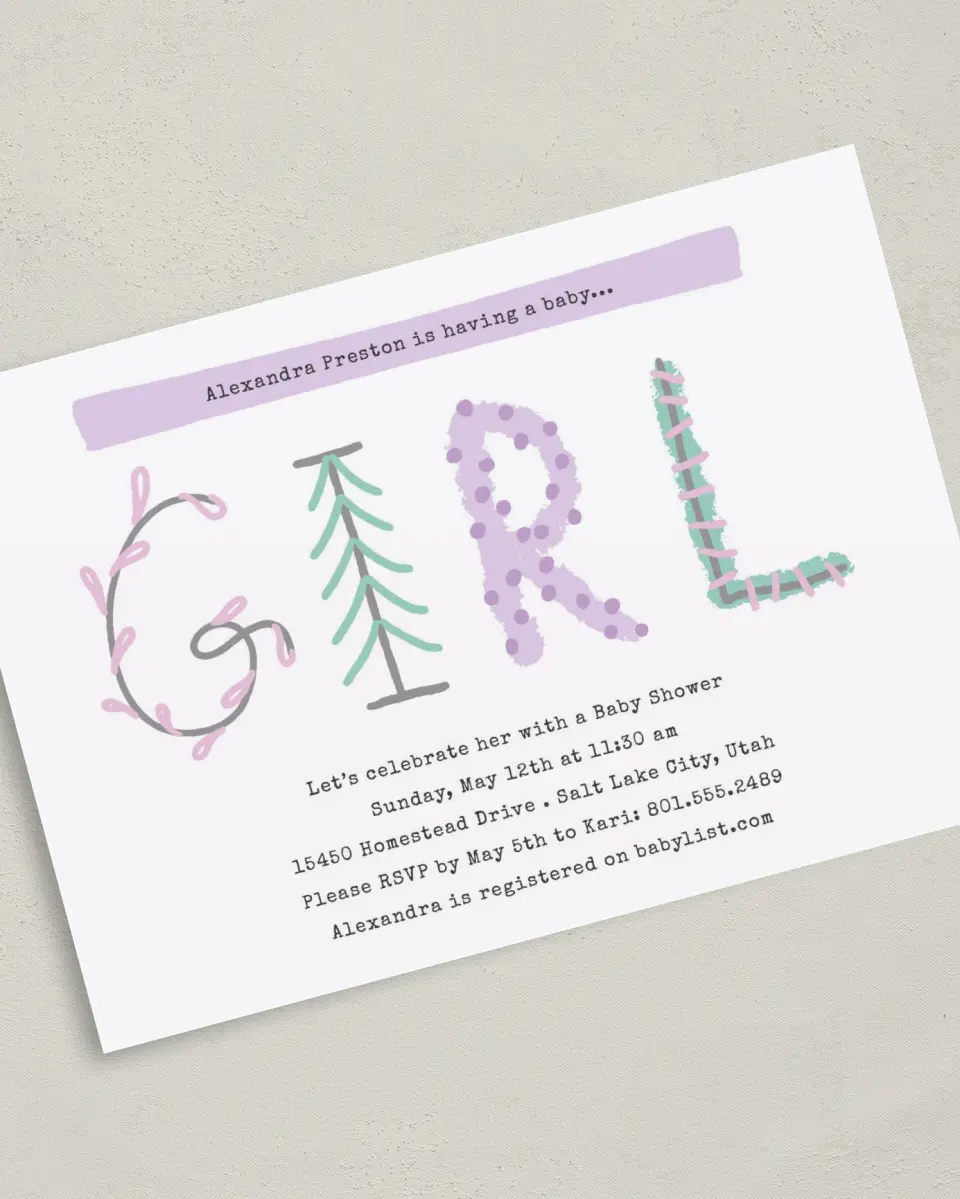 This is a 5" x 7" Baby Shower Invitation called Woodland Whimsy printed in full color on Premium Smooth paper