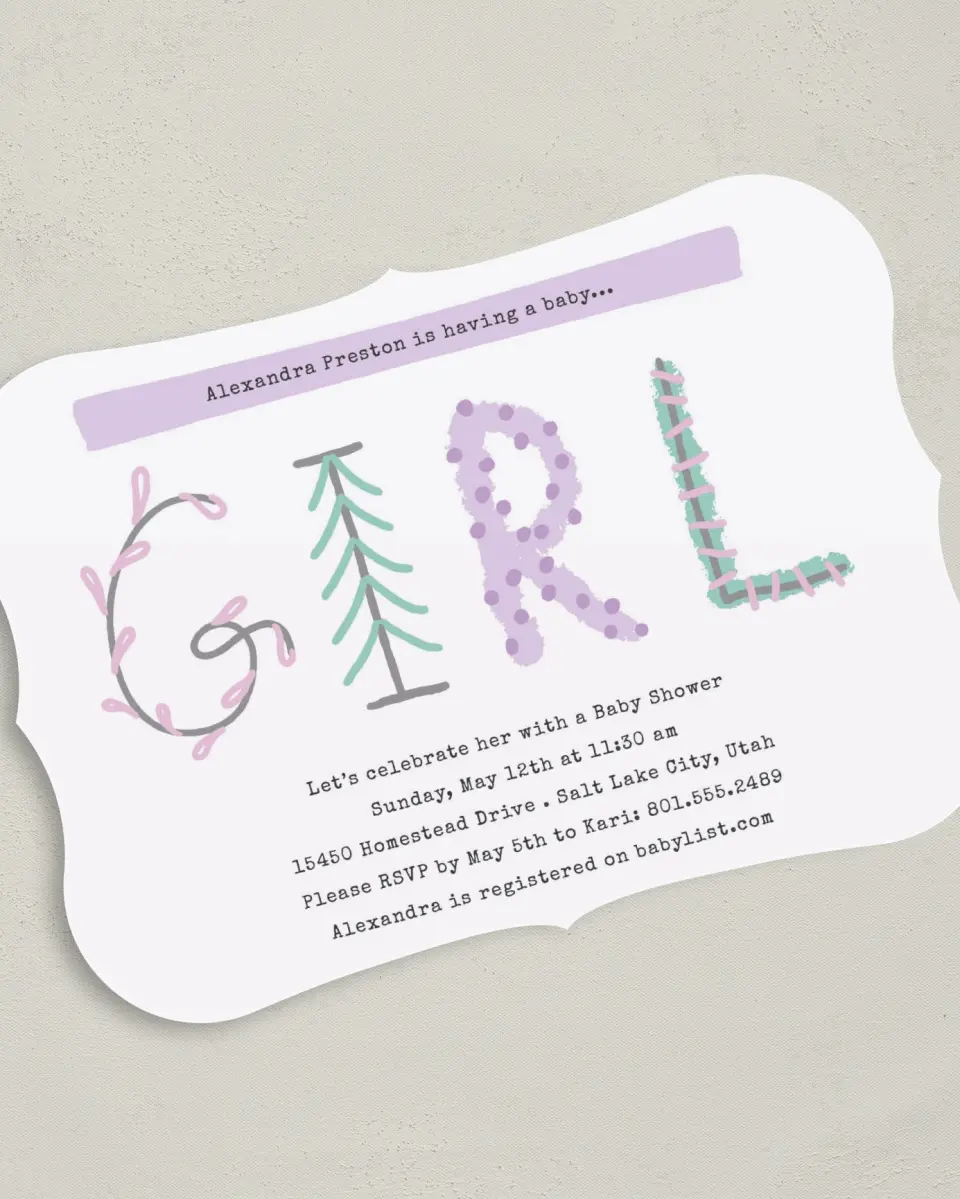 This is a 5" x 7" Baby Shower Invitation called Woodland Whimsy printed in full color on Premium Smooth paper