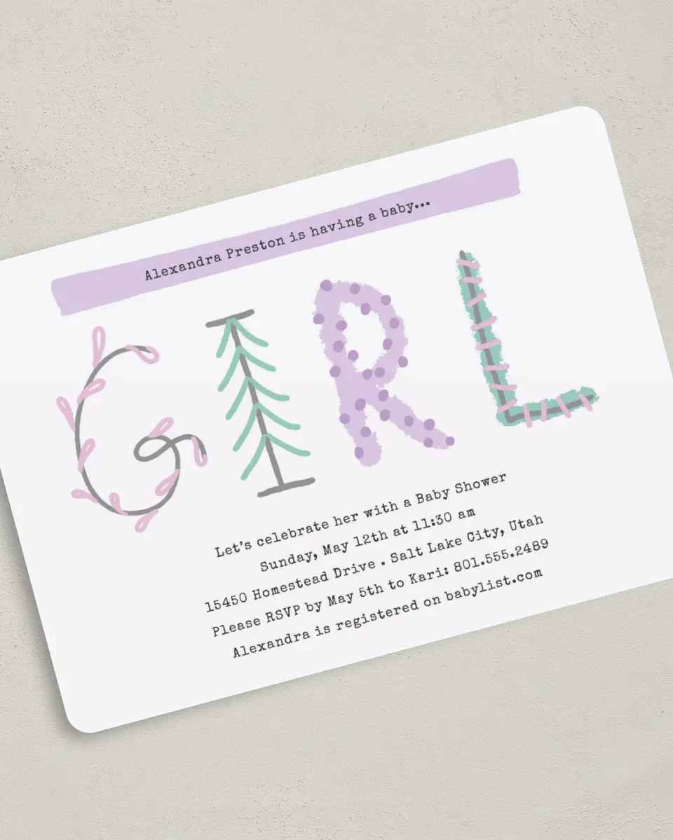 This is a 5" x 7" Baby Shower Invitation called Woodland Whimsy printed in full color on Premium Smooth paper