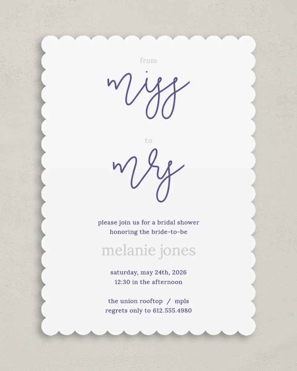 This is a 5" x 7" Bridal Shower Invitation called Honor the Miss printed in full color on Premium Smooth paper