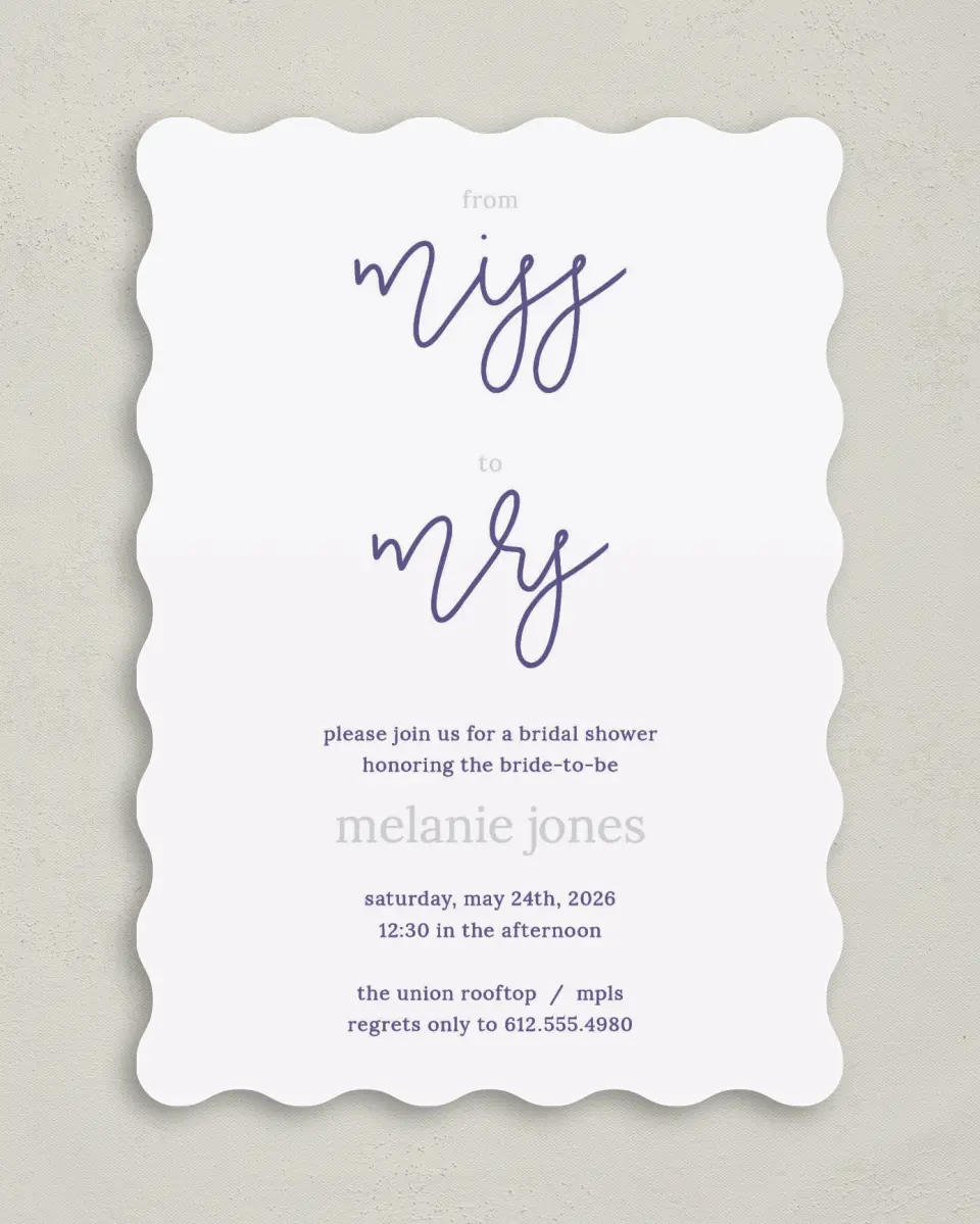 This is a 5" x 7" Bridal Shower Invitation called Honor the Miss printed in full color on Premium Smooth paper