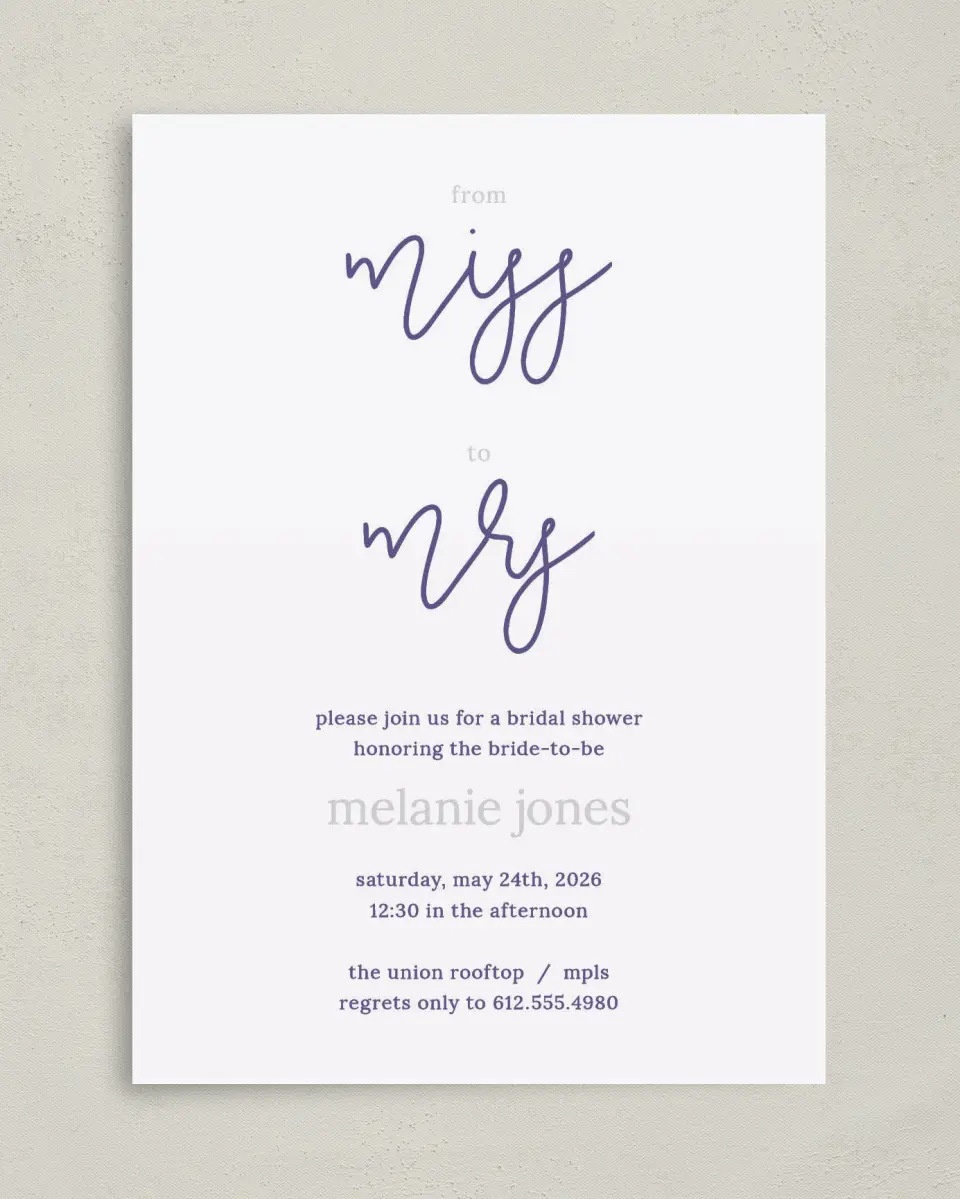 This is a 5" x 7" Bridal Shower Invitation called Honor the Miss printed in full color with Rose Gold foil on Luxe Satin (coated) paper