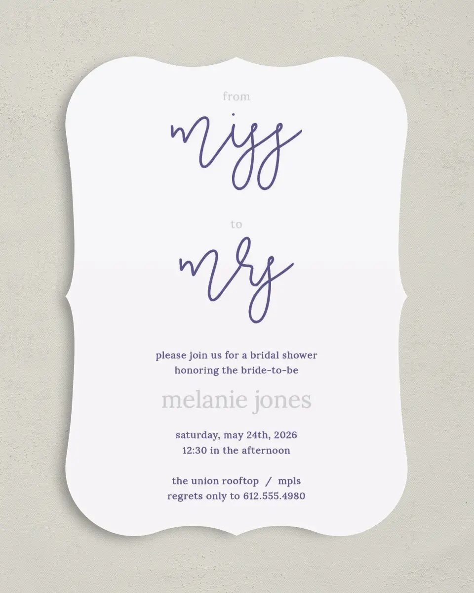 This is a 5" x 7" Bridal Shower Invitation called Honor the Miss printed in full color on Premium Smooth paper