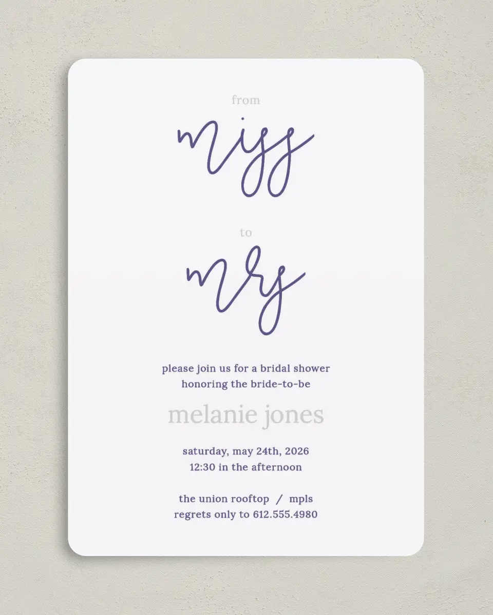 This is a 5" x 7" Bridal Shower Invitation called Honor the Miss printed in full color with Gold foil on Luxe Satin (coated) paper