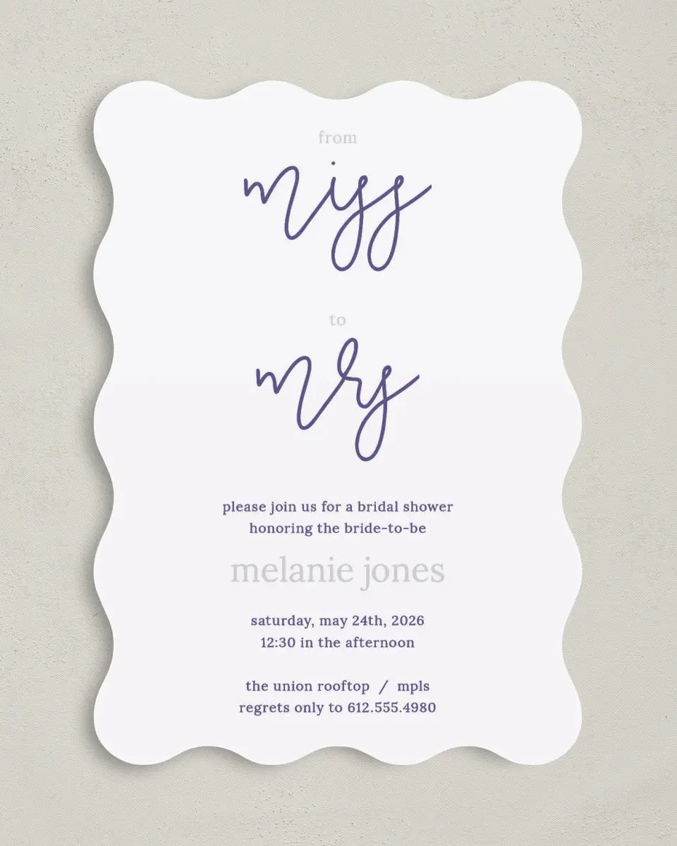 This is a 5" x 7" Bridal Shower Invitation called Honor the Miss printed in full color with Gold foil on Luxe Satin (coated) paper