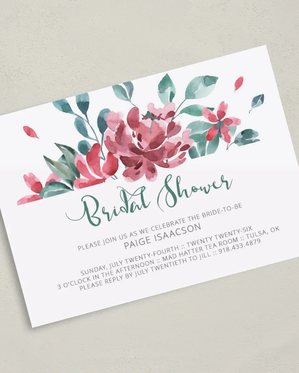 This is a 5" x 7" Bridal Shower Invitation called Exquisite Soiree printed in full color on Premium Smooth paper