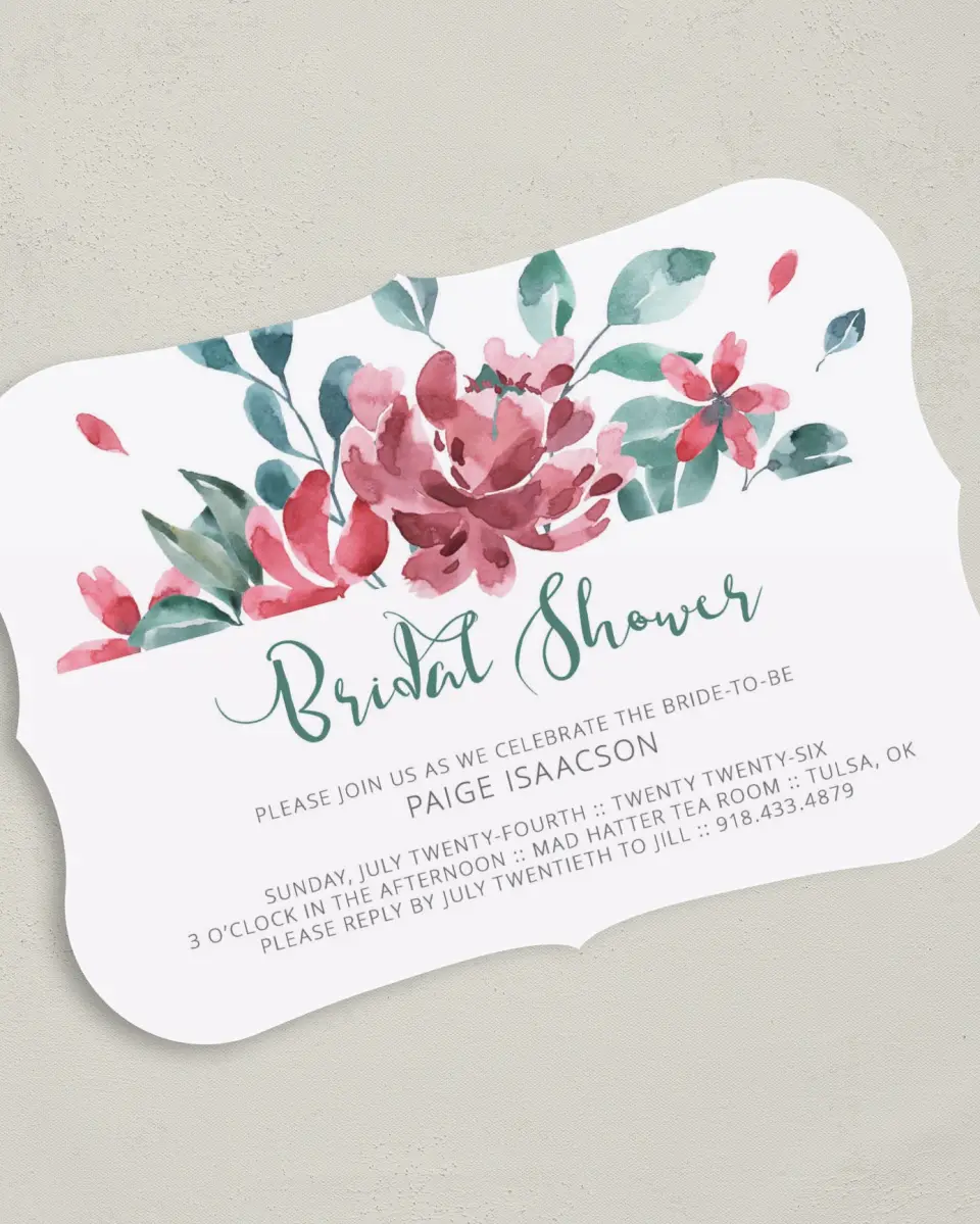 This is a 5" x 7" Bridal Shower Invitation called Exquisite Soiree printed in full color with Gold foil on Luxe Satin (coated) paper