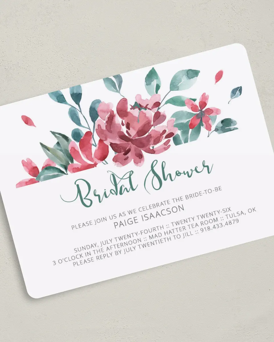 This is a 5" x 7" Bridal Shower Invitation called Exquisite Soiree printed in full color on Premium Smooth paper