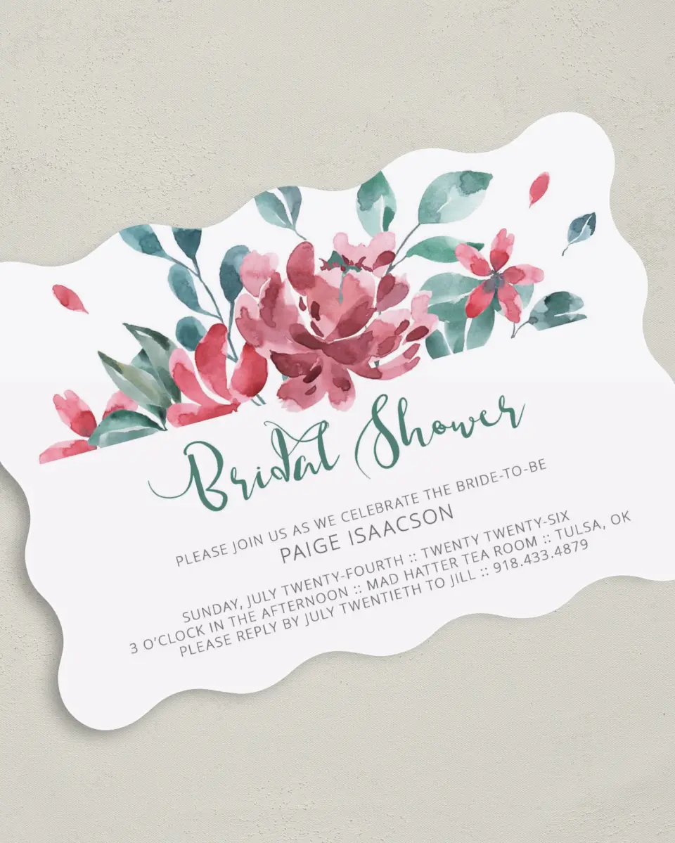This is a 5" x 7" Bridal Shower Invitation called Exquisite Soiree printed in full color on Premium Smooth paper
