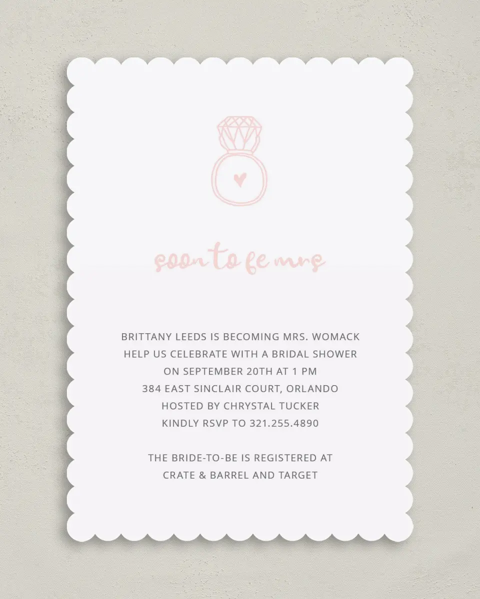This is a 5" x 7" Bridal Shower Invitation called Ringing Heart printed in full color on Premium Smooth paper